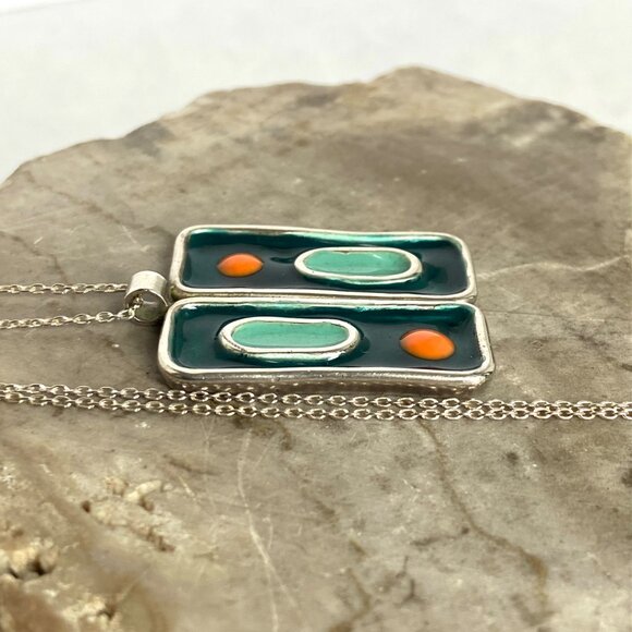 Sterling Silver 925 Modernist Style Enamel Geometric Pendant Necklace 18" Chain - Picture 4 of 16